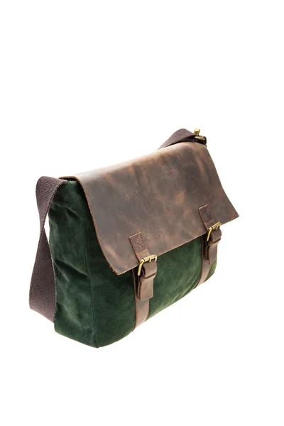 Zöld és barna táska táska elszigetelt fehér background. — Stock Fotó