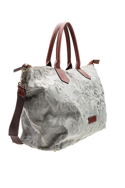 Szürke mintás női táska a elszigetelt fehér háttér. — Stock Fotó