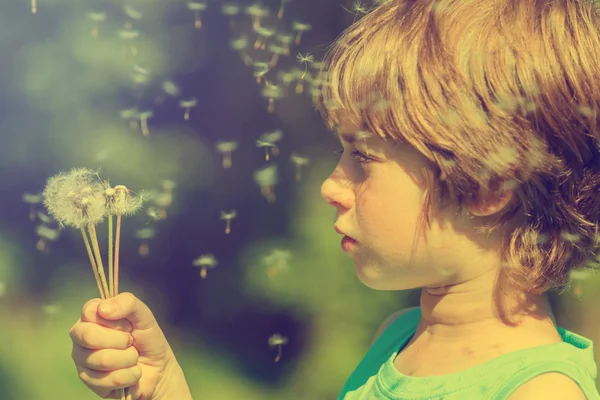 Kid soprando dente-de-leão ao ar livre em verde — Fotografia de Stock