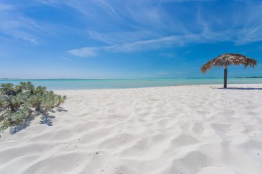 Egzotik plaj beyaz kum ve avuç yapılan şemsiye yapraklar