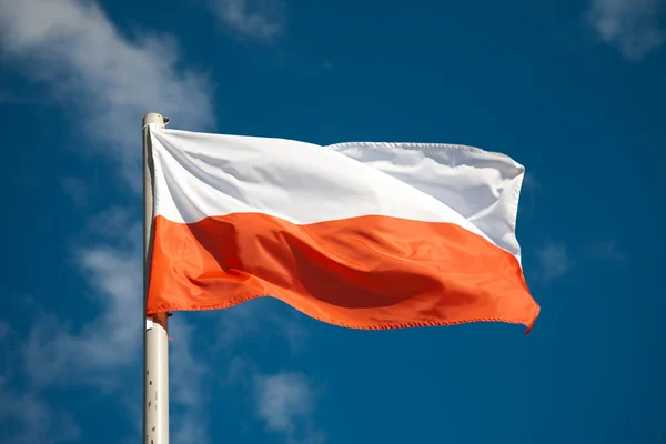 Drapeau polonais contre ciel bleu — Photo