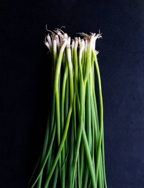 Bir avuç genç çevre dostu çiftlik soğanı. Karanlık bir anahtarın içinde fotoğraf. Yazı için yer.