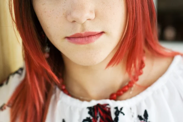 Beautiful Ukrainian girl in traditional embroidered shirt — Stock Photo, Image