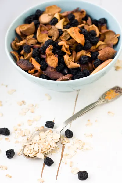 Blue plate with dried apples and berries and a spoon of oatmeal — Stock Photo, Image