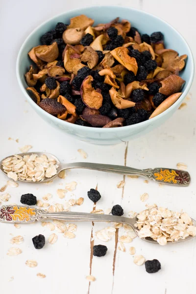 Placa azul con manzanas y bayas secas y una cucharada de avena —  Fotos de Stock