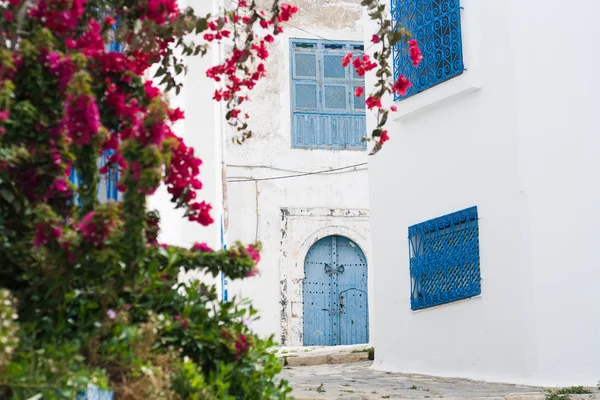 Portes bleues, fenêtre et mur blanc du bâtiment à Sidi Bou Said , — Photo