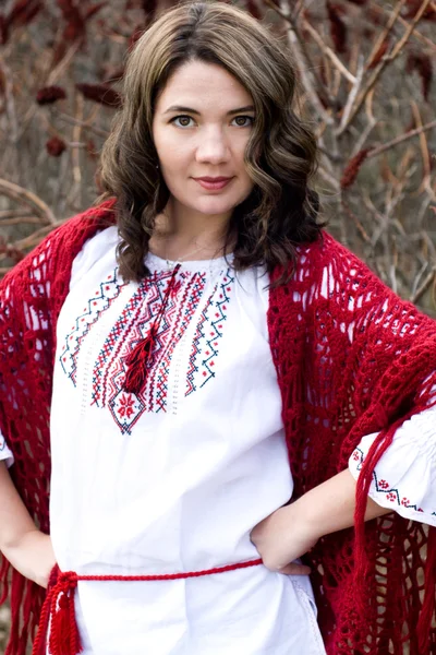 Portrait of a beautiful young Ukrainian embroidered shirt and kn — Stock Photo, Image