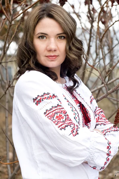 Portrait of a beautiful young Ukrainian embroidered shirt — Stock Photo, Image