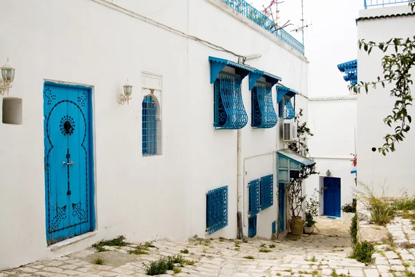 Portes bleues, fenêtre et mur blanc du bâtiment à Sidi Bou Said , — Photo