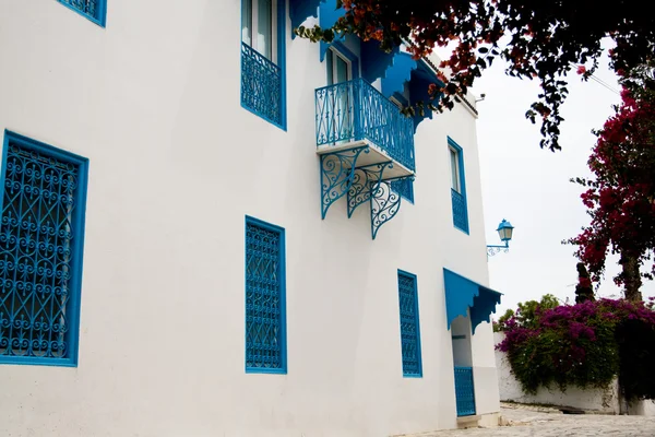 Portes bleues, fenêtre et mur blanc du bâtiment à Sidi Bou Said , — Photo