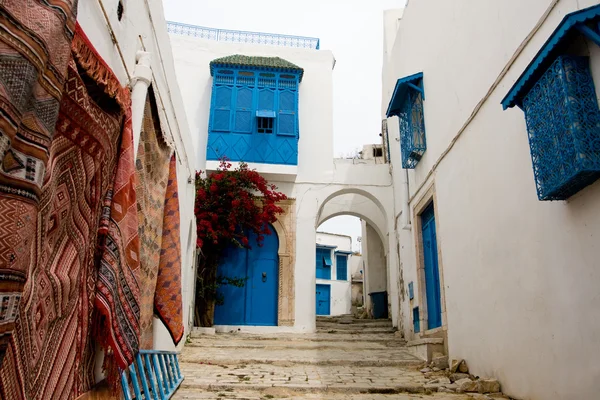 Portes bleues, fenêtre et mur blanc du bâtiment à Sidi Bou Said , — Photo