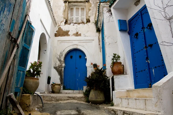 Portes bleues, fenêtre et mur blanc du bâtiment à Sidi Bou Said , — Photo