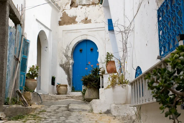 Portes bleues, fenêtre et mur blanc du bâtiment à Sidi Bou Said , — Photo