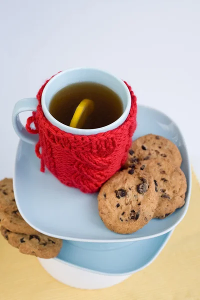 Blaue Tasse mit rotem Stricküberzug und Kekse mit Schokolade — Stockfoto