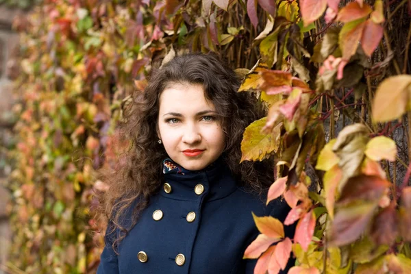 Portrait of young beautiful brunette in blue coat — Stock Photo, Image