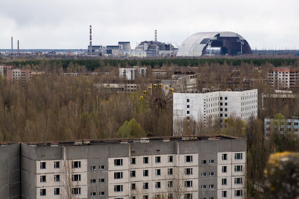 View from roof of 16-storied apartment house in Pripyat town, Ch