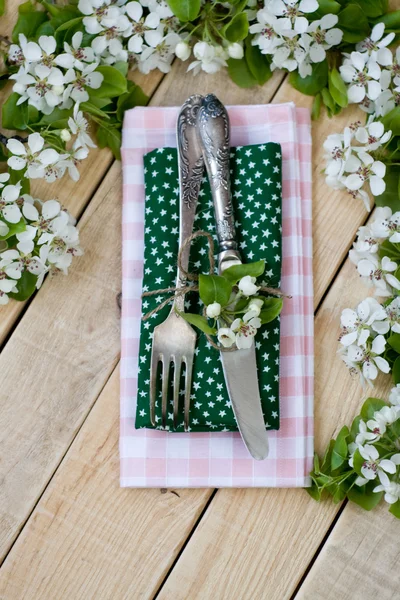 Tenedor y cuchillo sobre un fondo de madera entre las ramas — Foto de Stock