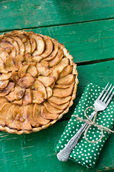 Sappige appeltaart met kaneel en brandewijn op een groene achtergrond — Stockfoto