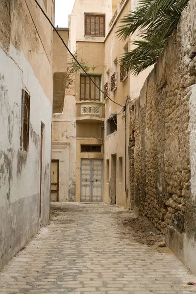 Straat met houten deuren en bush in Mahdia. Tunesië. Afrika. — Stockfoto