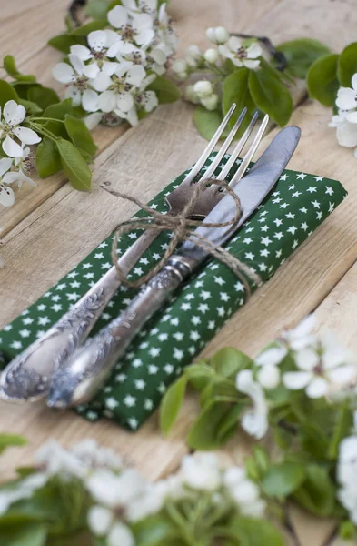 Tenedor y cuchillo sobre un fondo de madera entre las ramas — Foto de Stock