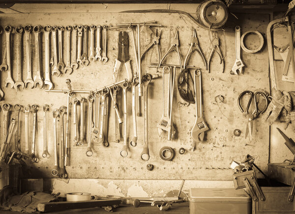 Old tool shelf against a wall vintage style