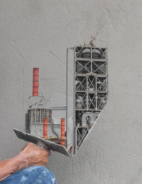 Concept, werknemer pleisteren op muur worden van fabriek — Stockfoto