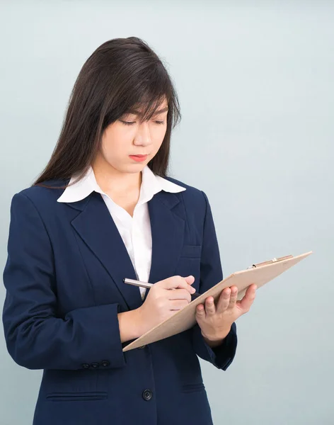 Portrait Asian Woman Long Hair Wearing Suit Clipboard Pen Hands — Stock Photo, Image