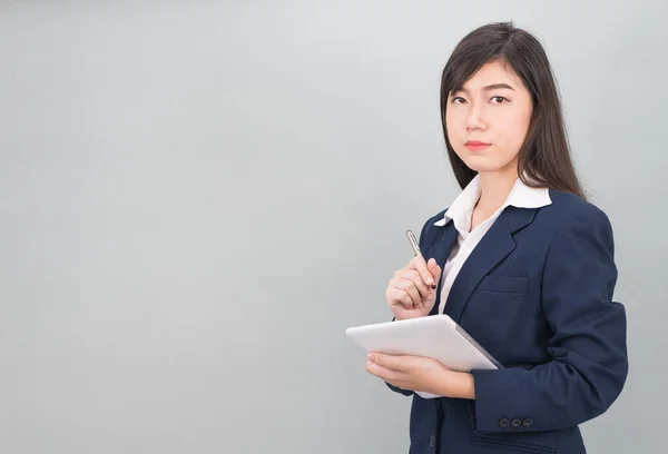 Woman Suit Using Computer Digital Tablet Isolate Gray Background — Stock Photo, Image