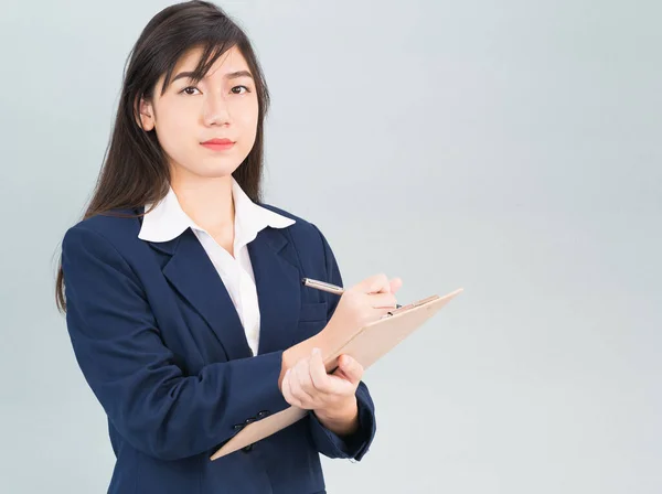 Portrait Asian Woman Long Hair Wearing Suit Clipboard Pen Hands — Stock Photo, Image