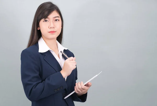 Woman Suit Using Computer Digital Tablet Isolate Gray Background — Stock Photo, Image