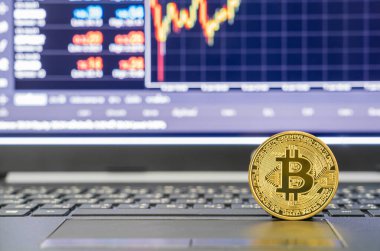 Bitcoin 'ler klavye bilgisayarında. Arka planda döviz piyasası fiyat grafiği olan bitcoin kripto para birimlerini kapat