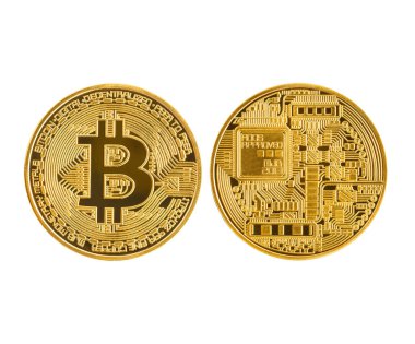 Önde ve arkada beyaz arkaplanda izole edilmiş altın bitcoin sembolü