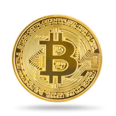 Kırpma yolu ile beyaz arkaplanda izole edilmiş altın bitcoin 'i kapat