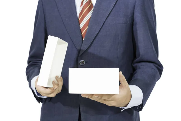 Close Man Blue Suit Opening White Gift Box Isolated White — Stock Photo, Image