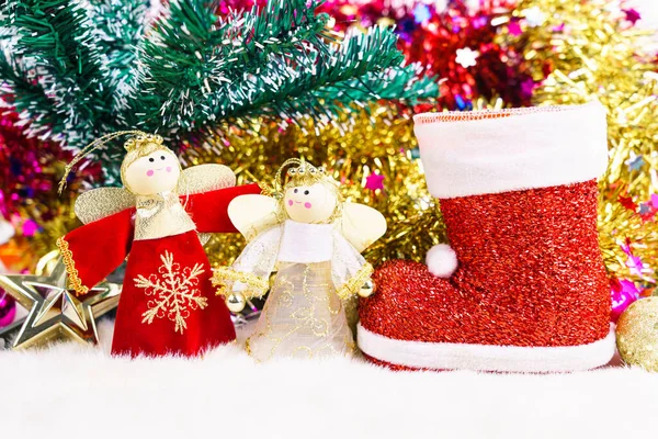 Κόκκινο Santa Claus Μπότα Και Χριστούγεννα Κούκλα Χριστουγεννιάτικα Στολίδια Και — Φωτογραφία Αρχείου