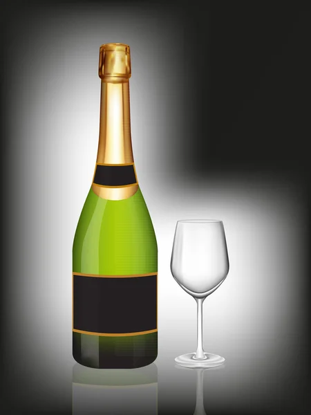 Botella verde champán y copa de champán en negro —  Fotos de Stock