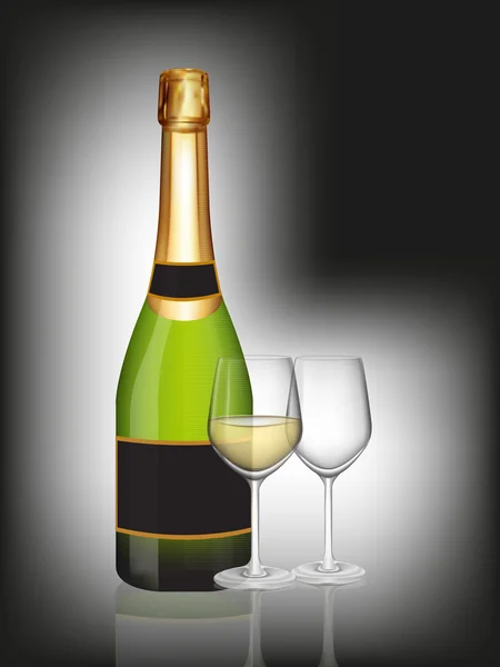 Champagne green bottle and two champagne glass on black — Stock Photo, Image