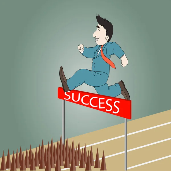 Businessman jumping over hurdle to success — Stock Vector