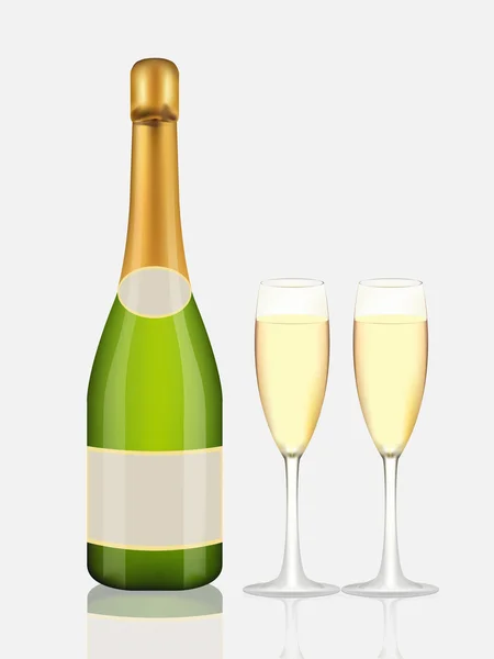 Champagneflaska och champagne glas på vit — Stock vektor