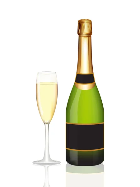 ขวดแชมเปญและแก้วแชมเปญบนสีขาว — ภาพเวกเตอร์สต็อก