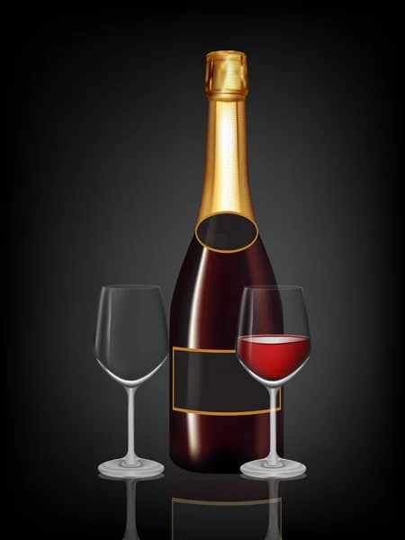 Champagne red bottle and two champagne glass on black — Stock Photo, Image