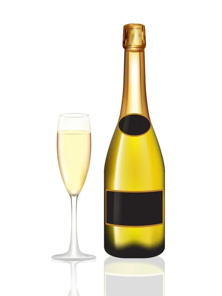 Champagne yellow bottle and champagne glass on white — Stock Photo, Image