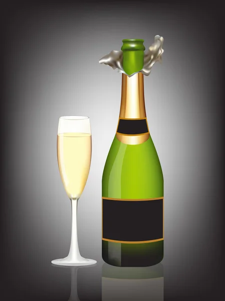 Öppna en flaska champagne och ett glas champagne på svart. — Stockfoto