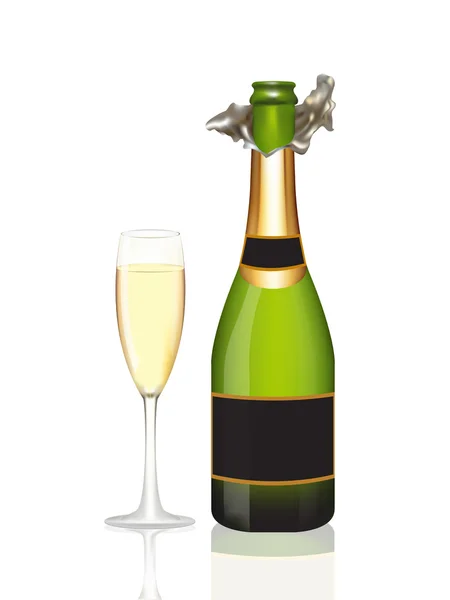 Abra uma garrafa de champanhe e uma taça de champanhe em branco . — Fotografia de Stock