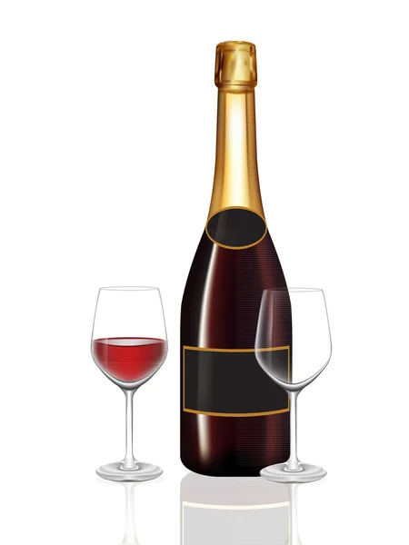 Rode champagnefles en twee champagne glas op wit — Stockvector