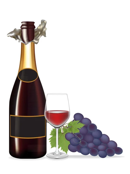 Vino de uva y botella, Vino de vidrio, Ilustración vectorial — Vector de stock