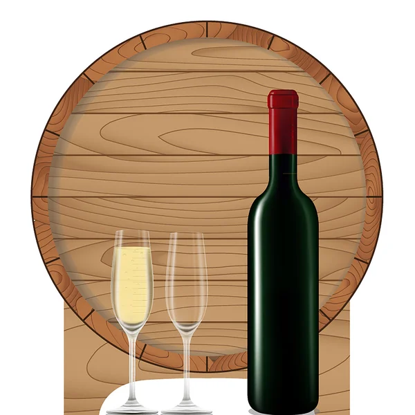 Botella de vino con vaso y barril — Vector de stock