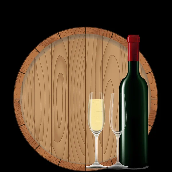 Botella de vino con copa y barril en negro — Vector de stock