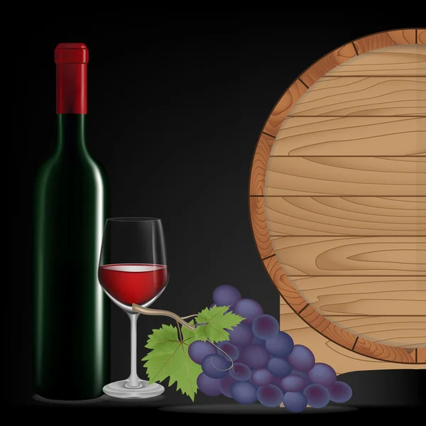 Uva, vinho de garrafa, vinho de vidro e barril de madeira, Vector illustrati — Vetor de Stock