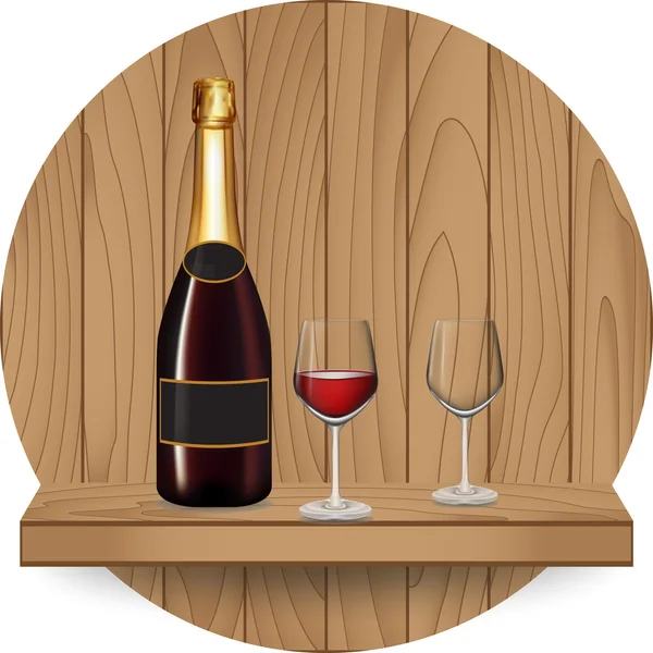 Şarap şişesi ve cam ahşap raf — Stok Vektör